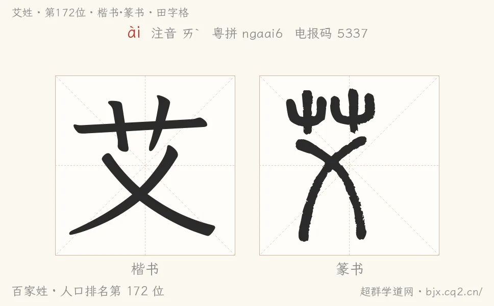 艾姓田字格字形图：楷书与篆书两种字体，附拼音ài、注音、粤语拼音与中文电报码