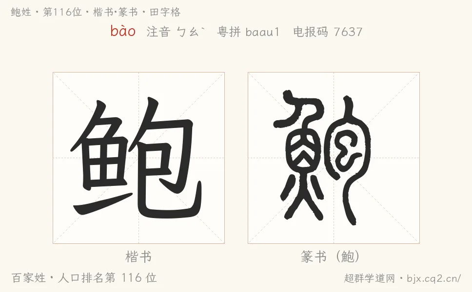 鲍姓田字格字形图：楷书与篆书两种字体，附拼音bào、注音、粤语拼音与中文电报码