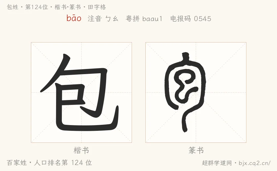 包姓田字格字形圖：楷書與篆書兩種字體，附拼音bāo、注音、粵語拼音與中文電報碼