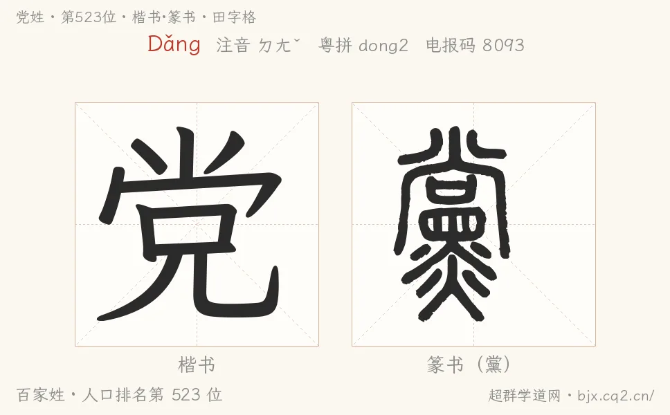 黨姓田字格字形圖：楷書與篆書兩種字體，附拼音Dǎng、注音、粵語拼音與中文電報碼