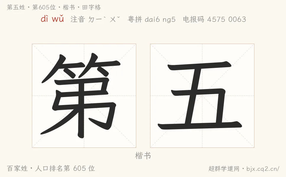 第五姓田字格字形图：楷书与篆书两种字体，附拼音dì wǔ、注音、粤语拼音与中文电报码