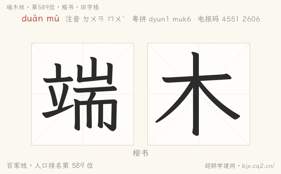 端木姓田字格字形图：楷书与篆书两种字体，附拼音duān mù、注音、粤语拼音与中文电报码