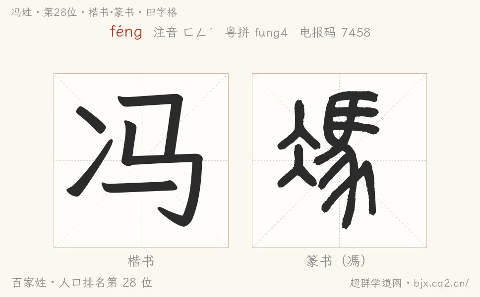 冯姓田字格字形图：楷书与篆书两种字体，附拼音féng、注音、粤语拼音与中文电报码