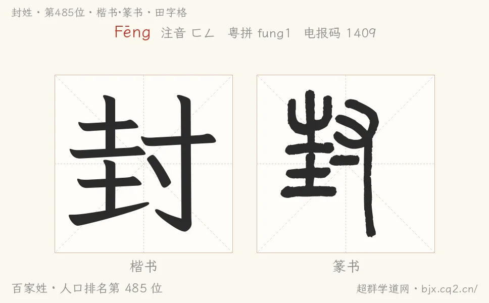 封姓田字格字形图：楷书与篆书两种字体，附拼音Fēng、注音、粤语拼音与中文电报码