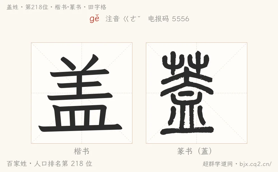 盖姓田字格字形图：楷书与篆书两种字体，附拼音gě、注音、粤语拼音与中文电报码