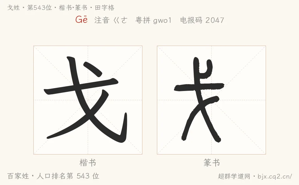戈姓田字格字形图：楷书与篆书两种字体，附拼音Gē、注音、粤语拼音与中文电报码