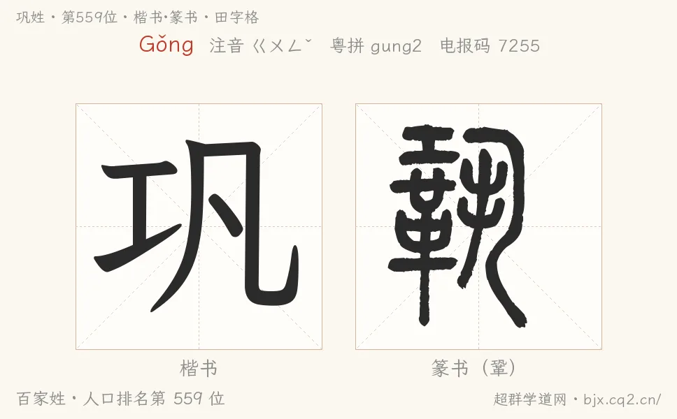 巩姓田字格字形图：楷书与篆书两种字体，附拼音Gǒng、注音、粤语拼音与中文电报码