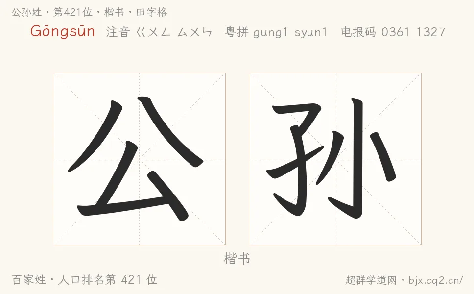 公孙姓田字格字形图：楷书与篆书两种字体，附拼音Gōngsūn、注音、粤语拼音与中文电报码