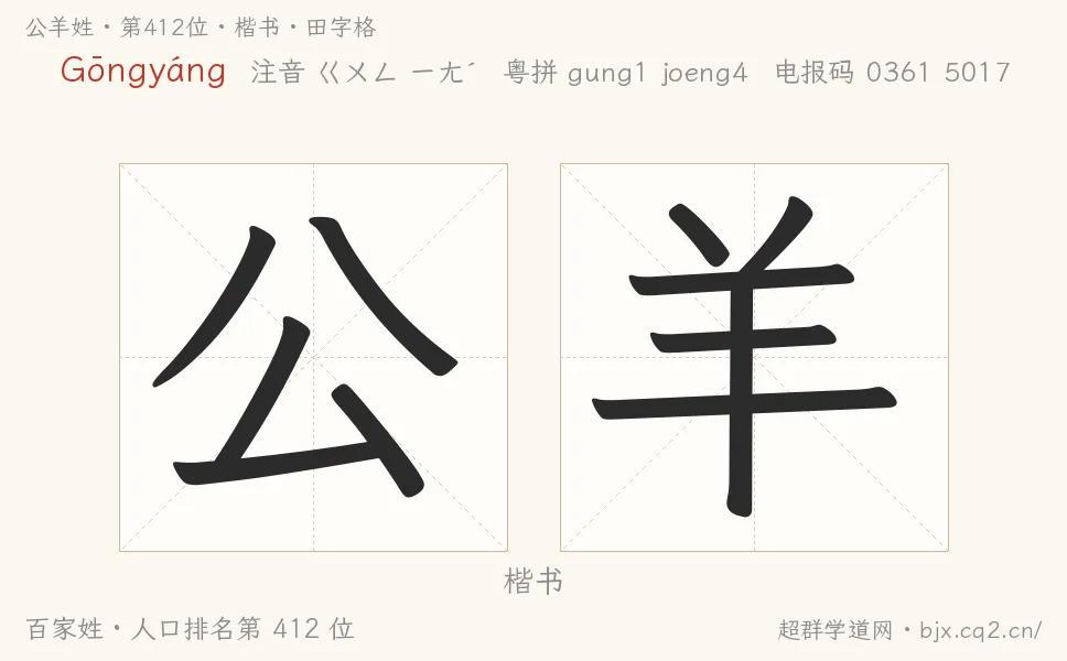 公羊姓田字格字形图：楷书与篆书两种字体，附拼音Gōngyáng、注音、粤语拼音与中文电报码