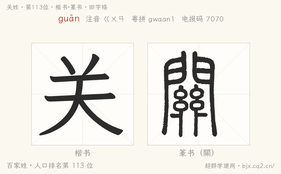 关姓田字格字形图：楷书与篆书两种字体，附拼音guān、注音、粤语拼音与中文电报码