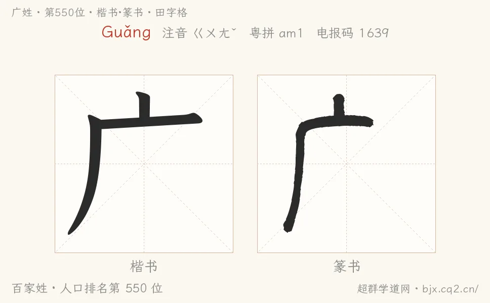 廣姓田字格字形圖：楷書與篆書兩種字體，附拼音Guǎng、注音、粵語拼音與中文電報碼