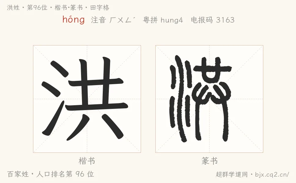 洪姓田字格字形图：楷书与篆书两种字体，附拼音hóng、注音、粤语拼音与中文电报码