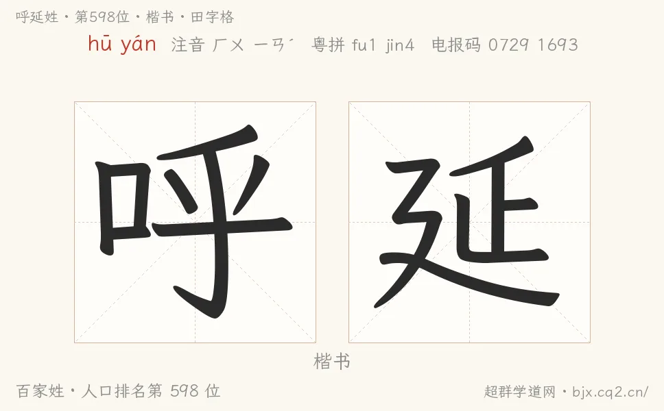 呼延姓田字格字形图：楷书与篆书两种字体，附拼音hū yán、注音、粤语拼音与中文电报码