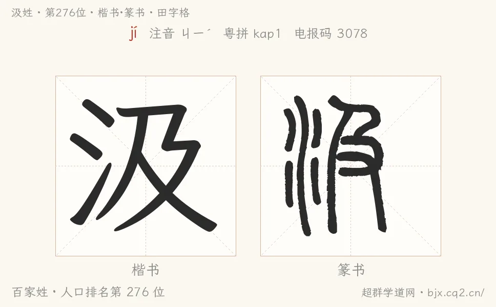 汲姓田字格字形图：楷书与篆书两种字体，附拼音jí、注音、粤语拼音与中文电报码
