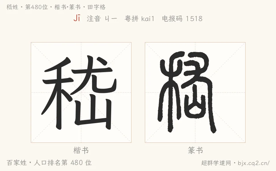 嵇姓田字格字形图：楷书与篆书两种字体，附拼音Jī、注音、粤语拼音与中文电报码