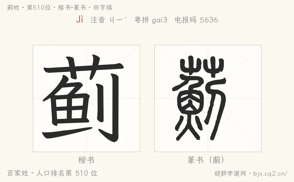蓟姓田字格字形图：楷书与篆书两种字体，附拼音Jì、注音、粤语拼音与中文电报码