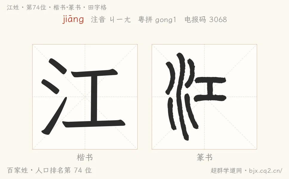 江姓田字格字形图：楷书与篆书两种字体，附拼音jiāng、注音、粤语拼音与中文电报码