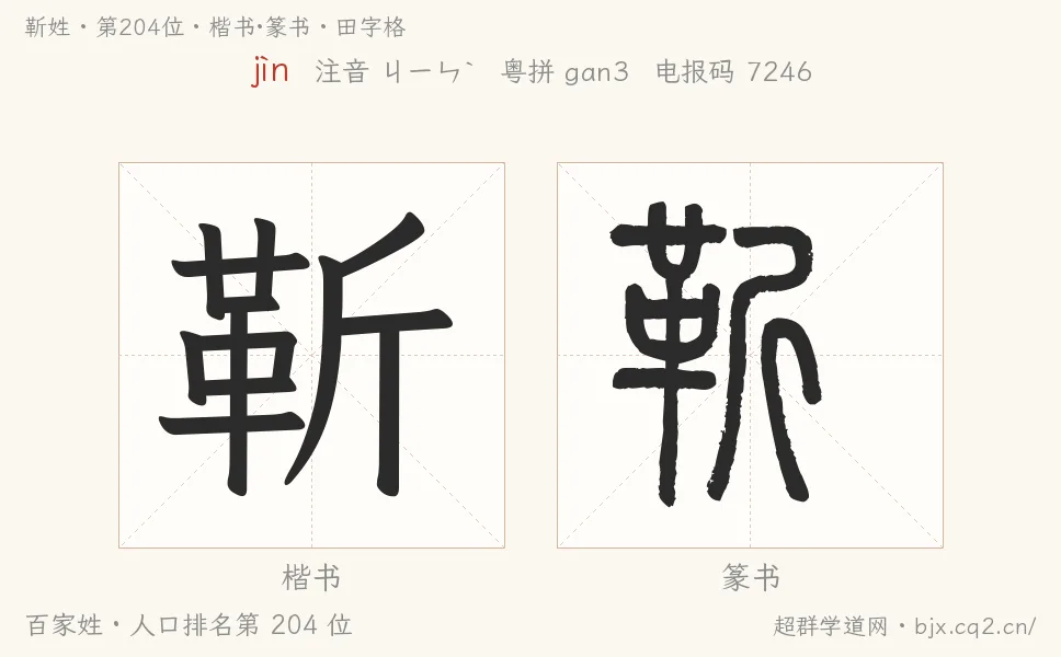 靳姓田字格字形图：楷书与篆书两种字体，附拼音jìn、注音、粤语拼音与中文电报码