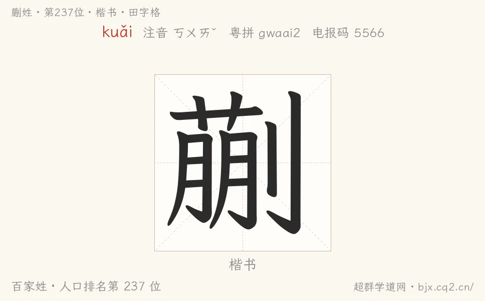 蒯姓田字格字形图：楷书与篆书两种字体，附拼音kuǎi、注音、粤语拼音与中文电报码