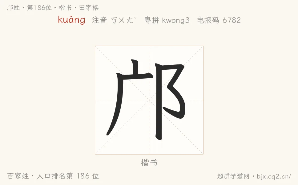 邝姓田字格字形图：楷书与篆书两种字体，附拼音kuàng、注音、粤语拼音与中文电报码