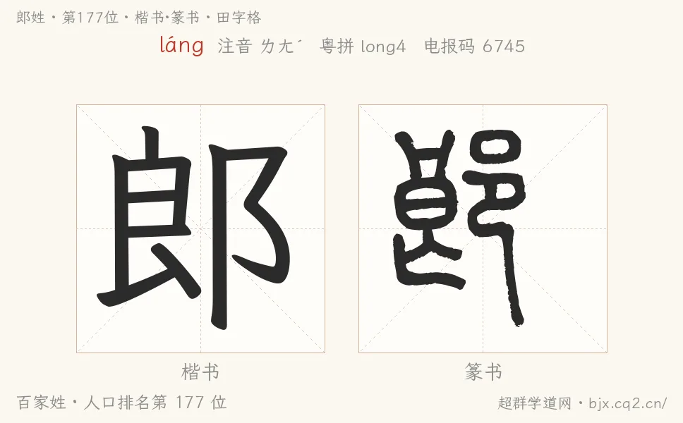 郎姓田字格字形图：楷书与篆书两种字体，附拼音láng、注音、粤语拼音与中文电报码
