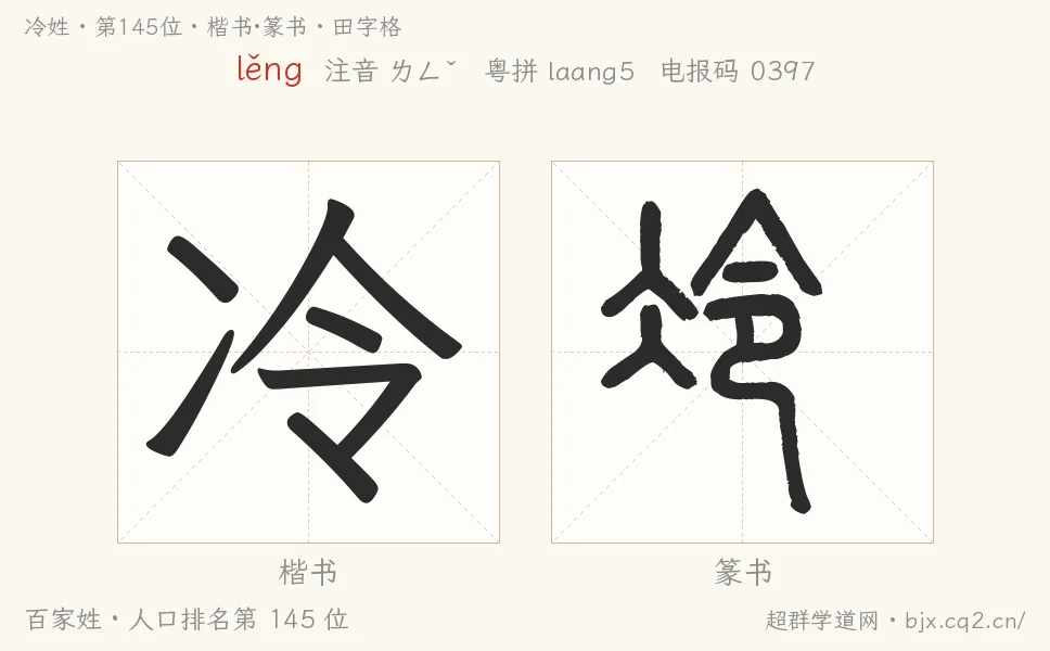 冷姓田字格字形图：楷书与篆书两种字体，附拼音lěng、注音、粤语拼音与中文电报码
