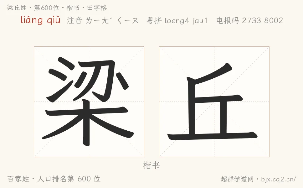 梁丘姓田字格字形图：楷书与篆书两种字体，附拼音liáng qiū、注音、粤语拼音与中文电报码
