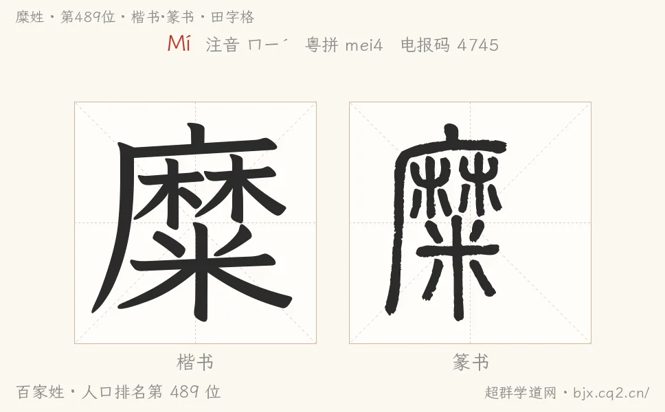 糜姓田字格字形圖：楷書與篆書兩種字體，附拼音Mí、注音、粵語拼音與中文電報碼