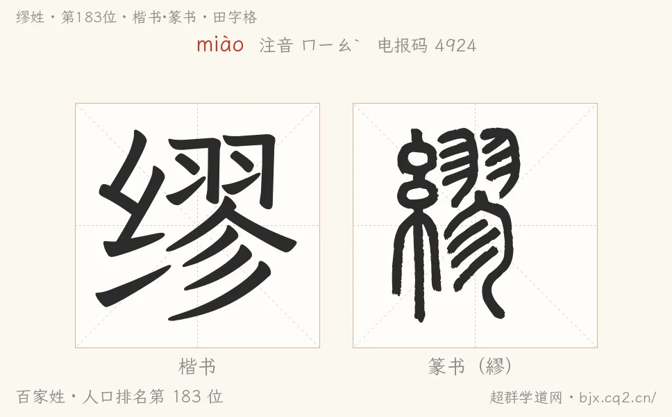 缪姓田字格字形图：楷书与篆书两种字体，附拼音miào、注音、粤语拼音与中文电报码