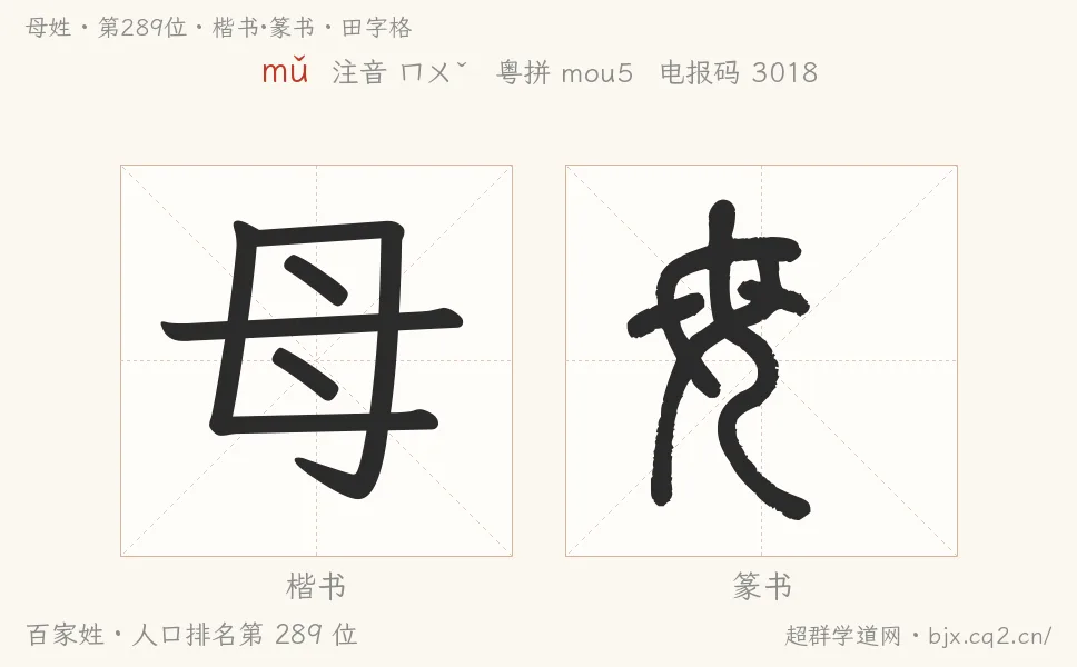 母姓田字格字形图：楷书与篆书两种字体，附拼音mǔ、注音、粤语拼音与中文电报码