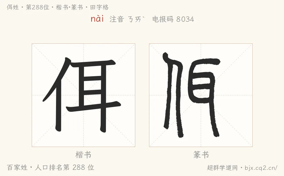 佴姓田字格字形图：楷书与篆书两种字体，附拼音nài、注音、粤语拼音与中文电报码