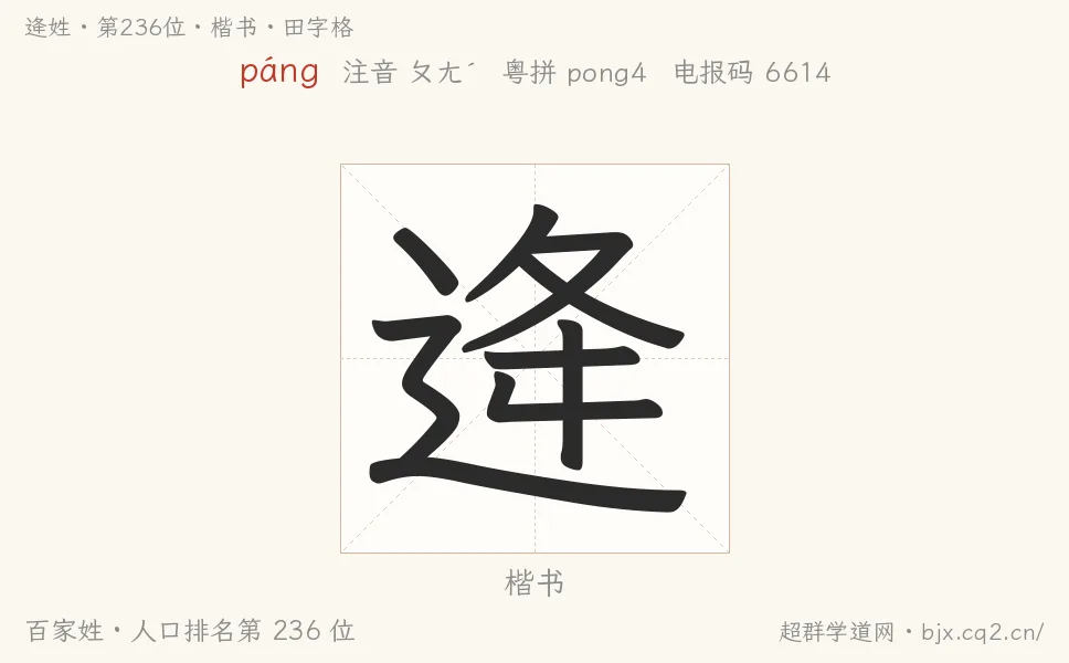逄姓田字格字形图：楷书与篆书两种字体，附拼音páng、注音、粤语拼音与中文电报码