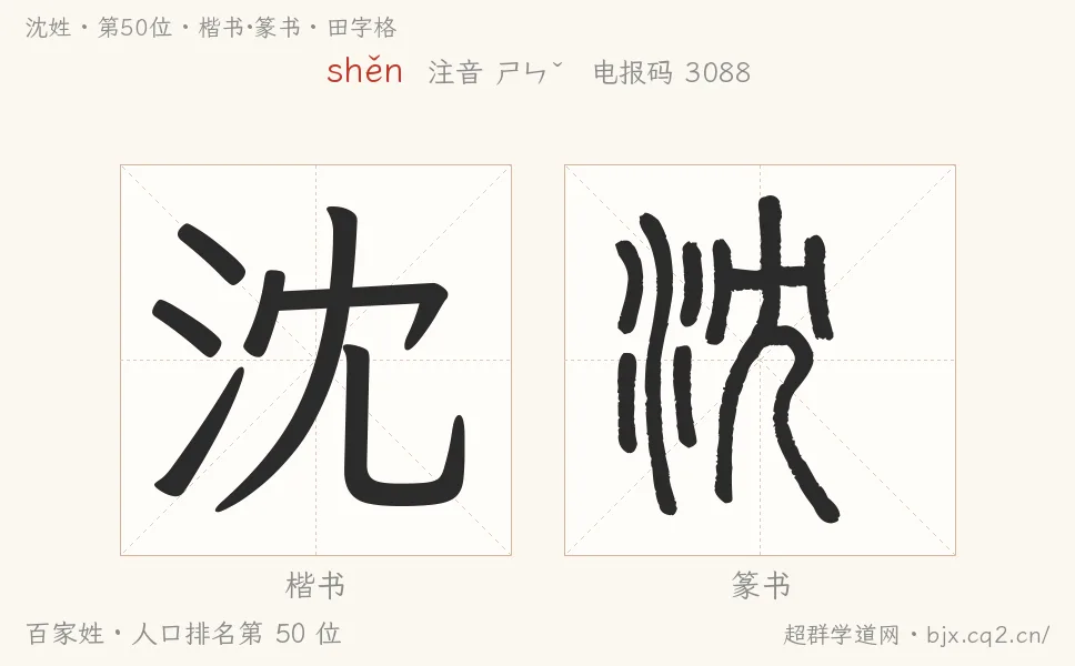 沈姓田字格字形图：楷书与篆书两种字体，附拼音shěn、注音、粤语拼音与中文电报码
