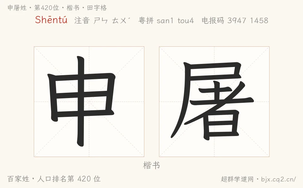 申屠姓田字格字形图：楷书与篆书两种字体，附拼音Shēntú、注音、粤语拼音与中文电报码