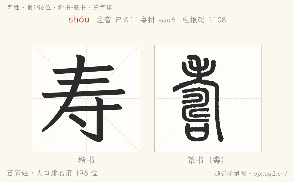 寿姓田字格字形图：楷书与篆书两种字体，附拼音shòu、注音、粤语拼音与中文电报码