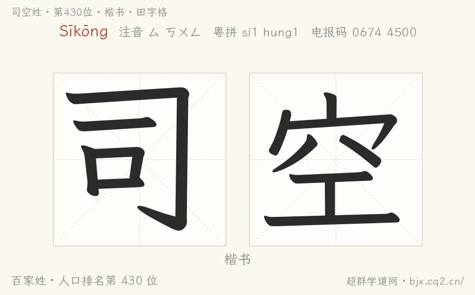 司空姓田字格字形圖：楷書與篆書兩種字體，附拼音Sīkōng、注音、粵語拼音與中文電報碼