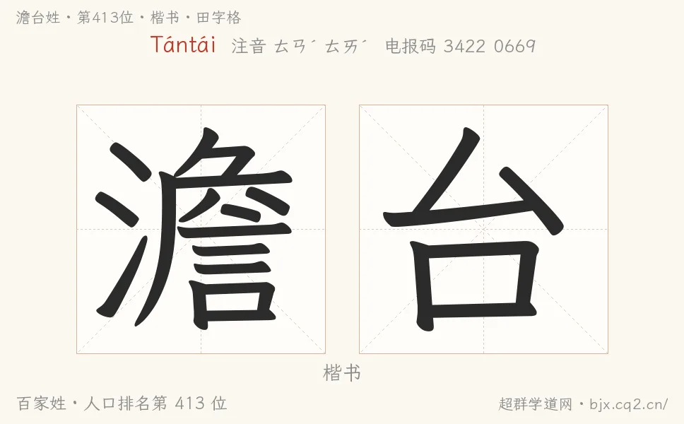 澹台姓田字格字形图：楷书与篆书两种字体，附拼音Tántái、注音、粤语拼音与中文电报码