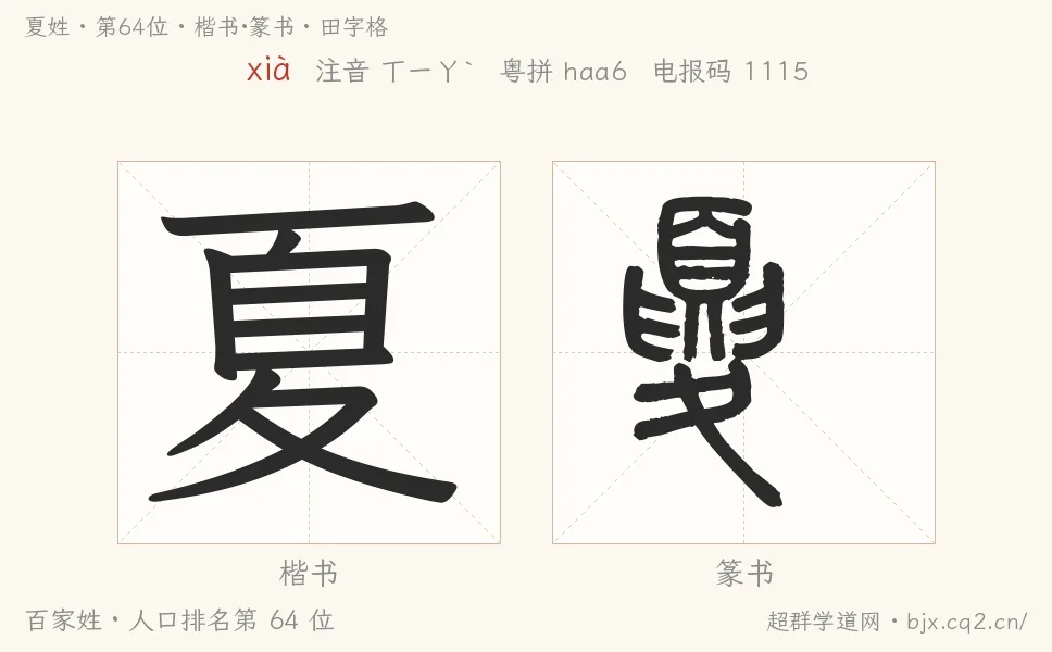 夏姓田字格字形图：楷书与篆书两种字体，附拼音xià、注音、粤语拼音与中文电报码