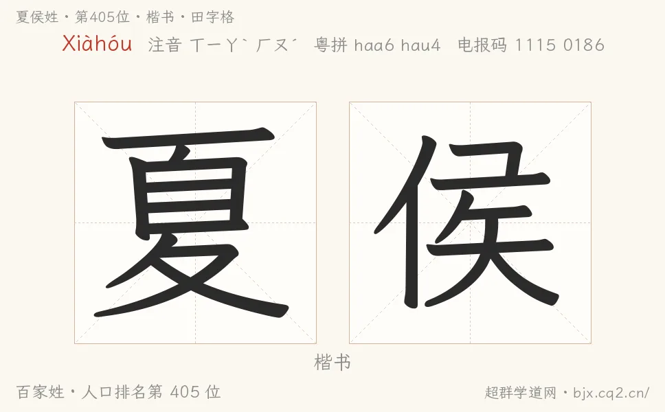 夏侯姓田字格字形图：楷书与篆书两种字体，附拼音Xiàhóu、注音、粤语拼音与中文电报码