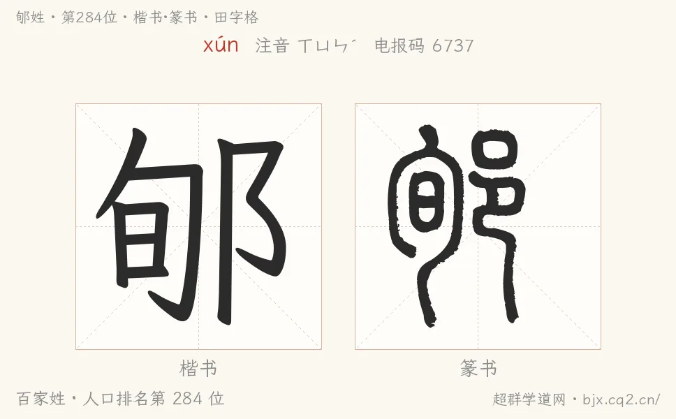 郇姓田字格字形图：楷书与篆书两种字体，附拼音xún、注音、粤语拼音与中文电报码