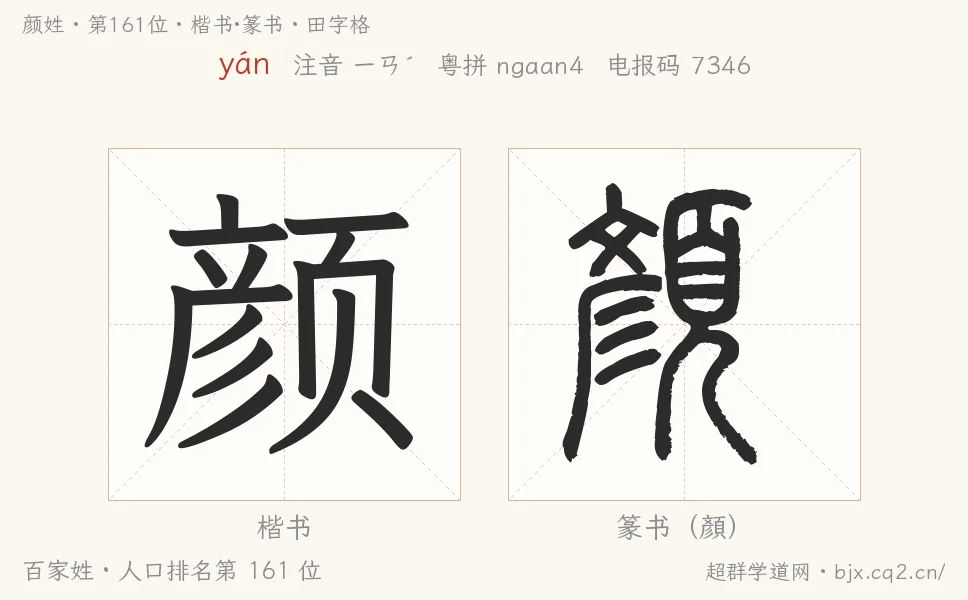 颜姓田字格字形图：楷书与篆书两种字体，附拼音yán、注音、粤语拼音与中文电报码