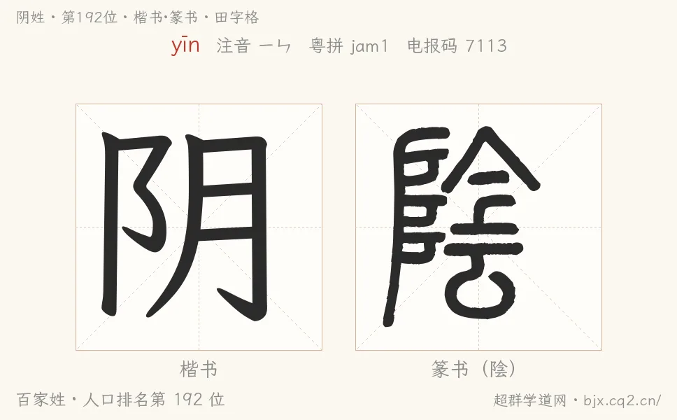 阴姓田字格字形图：楷书与篆书两种字体，附拼音yīn、注音、粤语拼音与中文电报码