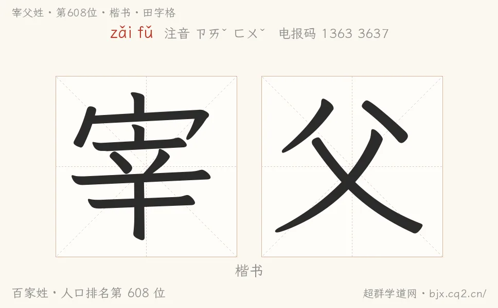 宰父姓田字格字形图：楷书与篆书两种字体，附拼音zǎi fǔ、注音、粤语拼音与中文电报码