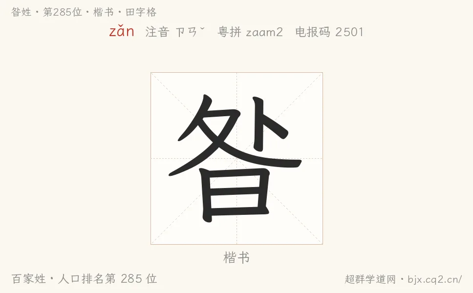 昝姓田字格字形图：楷书与篆书两种字体，附拼音zǎn、注音、粤语拼音与中文电报码