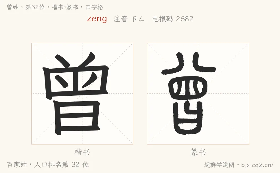 曾姓田字格字形图：楷书与篆书两种字体，附拼音zēng、注音、粤语拼音与中文电报码