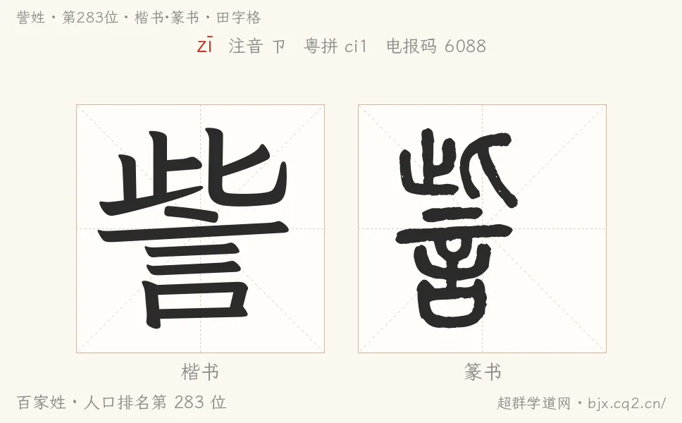 訾姓田字格字形图：楷书与篆书两种字体，附拼音zī、注音、粤语拼音与中文电报码
