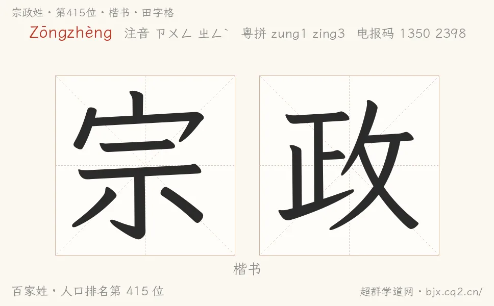 宗政姓田字格字形图：楷书与篆书两种字体，附拼音Zōngzhèng、注音、粤语拼音与中文电报码