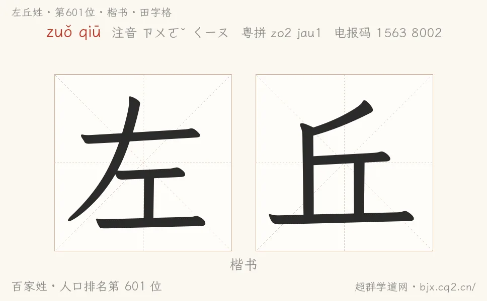 左丘姓田字格字形图：楷书与篆书两种字体，附拼音zuǒ qiū、注音、粤语拼音与中文电报码